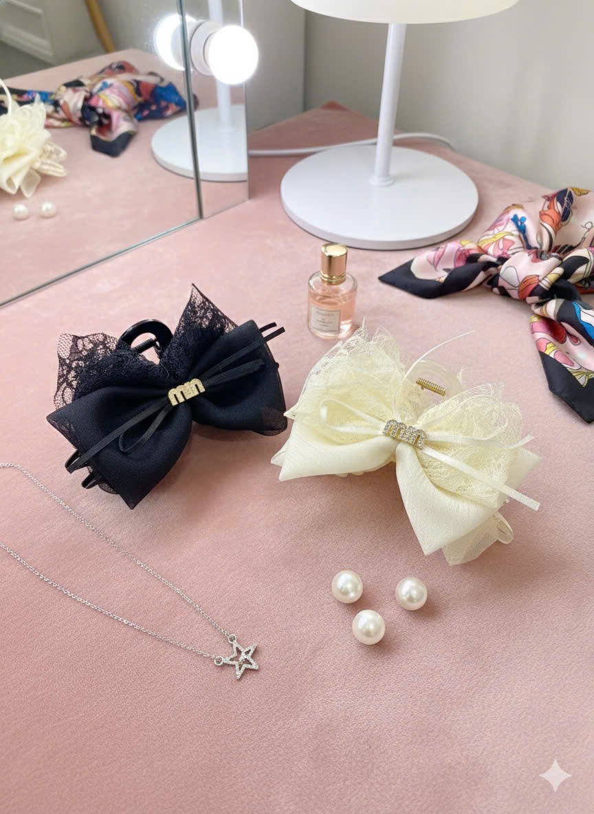 Kẹp Tóc Nơ Ren Cao Cấp Phong Cách Tiểu Thư Hàn Quốc, Kẹp Càng Cua Nơ Lớn Sang Trọng Dự Tiệc – 2 Màu Đen &amp; Kem - HÀNG CHÍNH HÃNG MINIIN