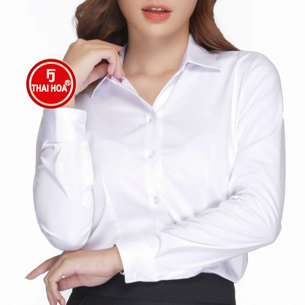 Áo sơ mi nữ Thái Hòa dài tay màu trắng vải cotton thoáng mát 047-01-01