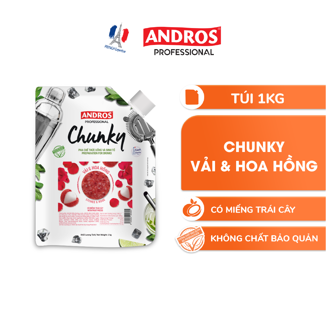 Mứt Trái Cây Pha Chế Vải &amp; Hoa Hồng - Có Miếng Trái Cây Thật - ANDROS CHUNKY - 1KG