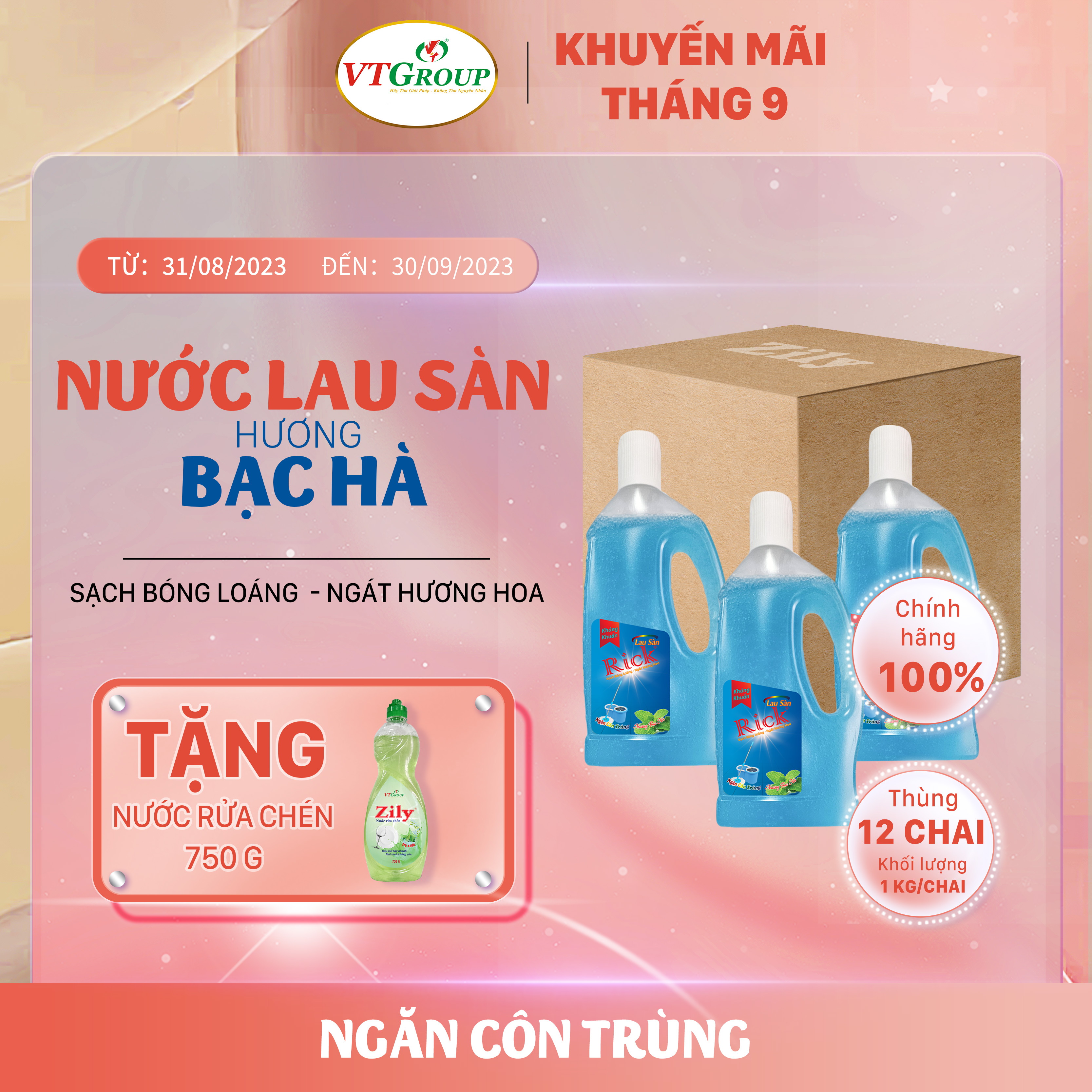 Nước lau sàn Rick 1kg (12 chai/thùng) - Tặng 1 chai rửa chén 750g