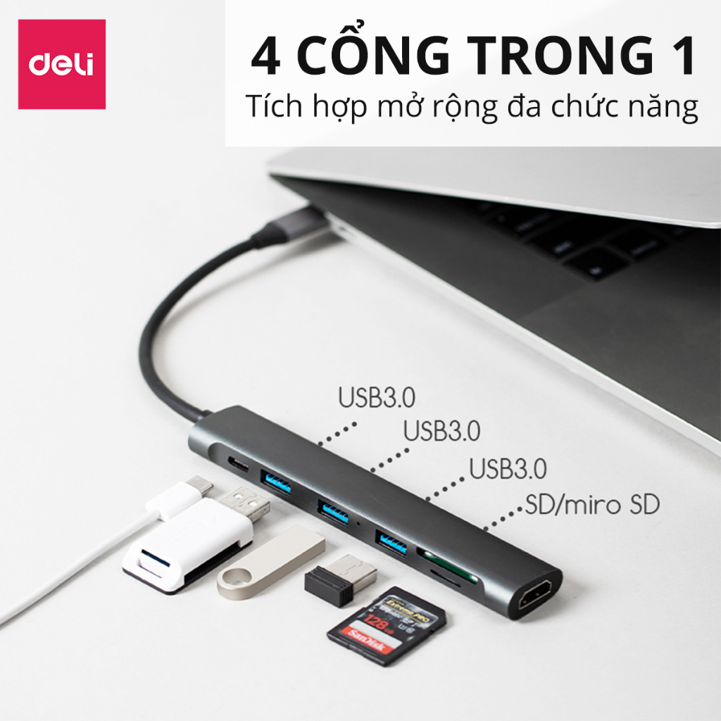 HUB Mở Rộng AOKA by DELI - Hàng Chính Hãng - 4 Cổng USB SD Card TF Card Type C và HDMI Cho Điện Thoại Máy Tính Laptop Truyền Tải Dữ Liệu Tốc Độ Cao Cao Cấp Cho Sinh Viên Học Sinh Văn Phòng