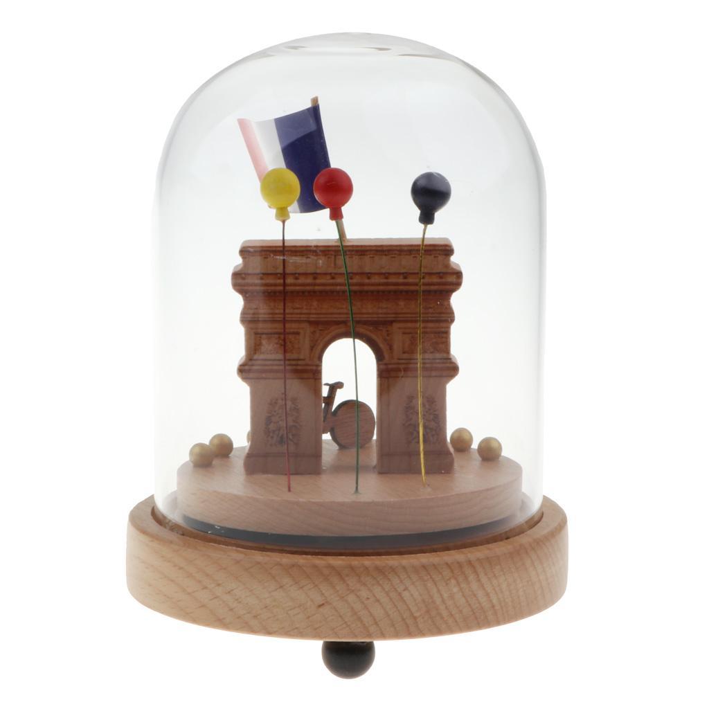 Wooden Luminous Rotating Music Box w/ Glass Dome Home Decor Ornament Gift - Triumphal Arch