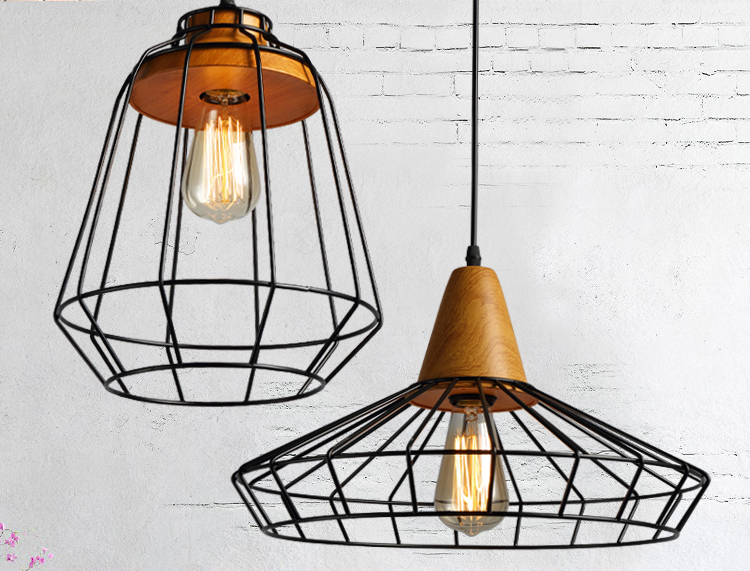 Đèn thả trang trí đuôi gỗ lồng sắt RETRO