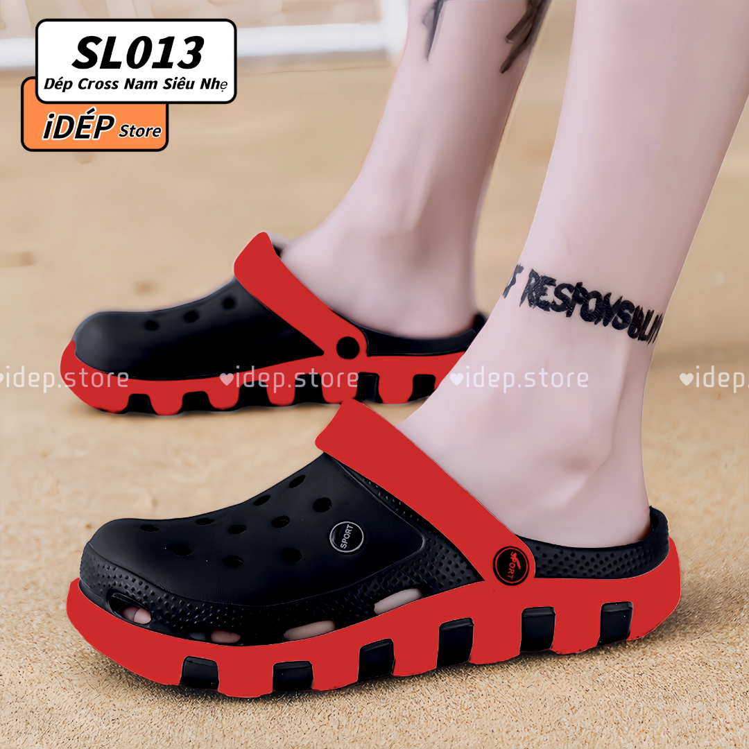 Dép Cross cá sấu màu ĐEN ĐỎ unisex- Giày sục bít mũi Nam Nữ duet HQ đi mưa siêu nhẹ- SL013