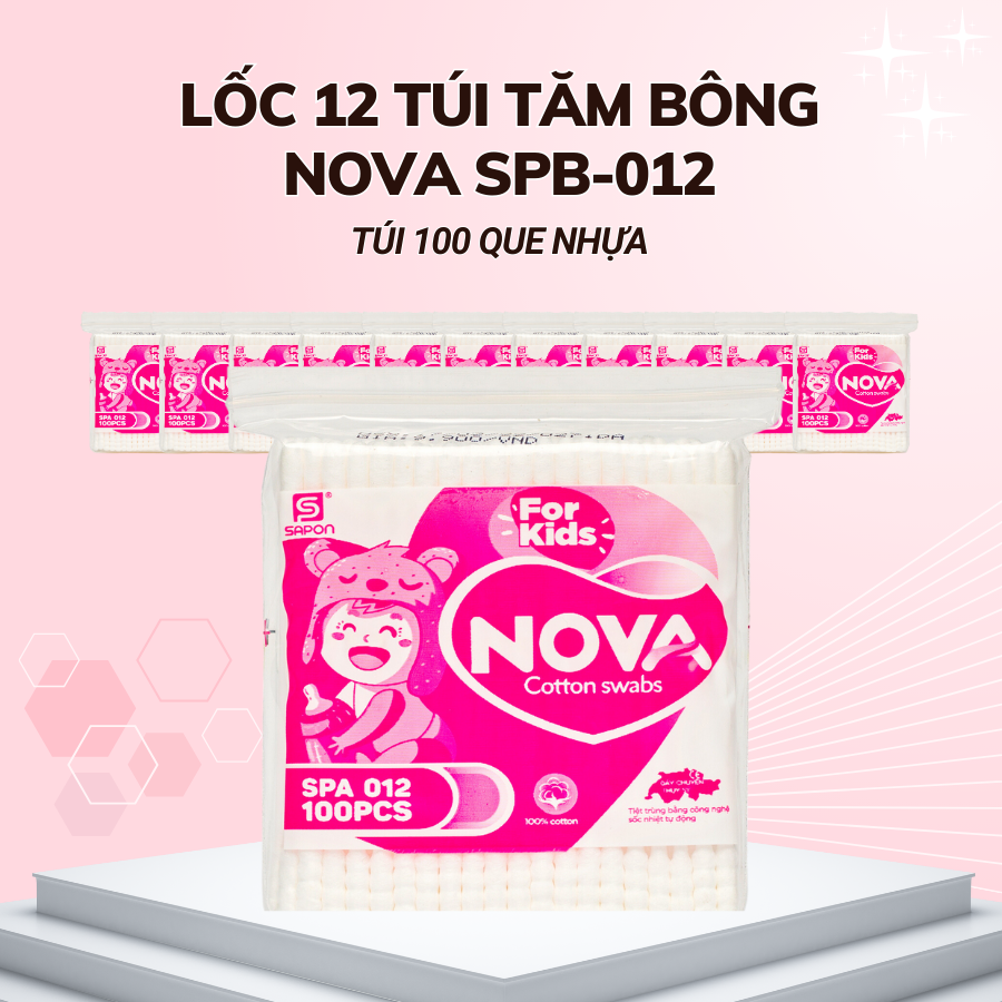 Lốc 12 túi Tăm bông Nova trẻ em thân nhựa túi 100 que SPB-012