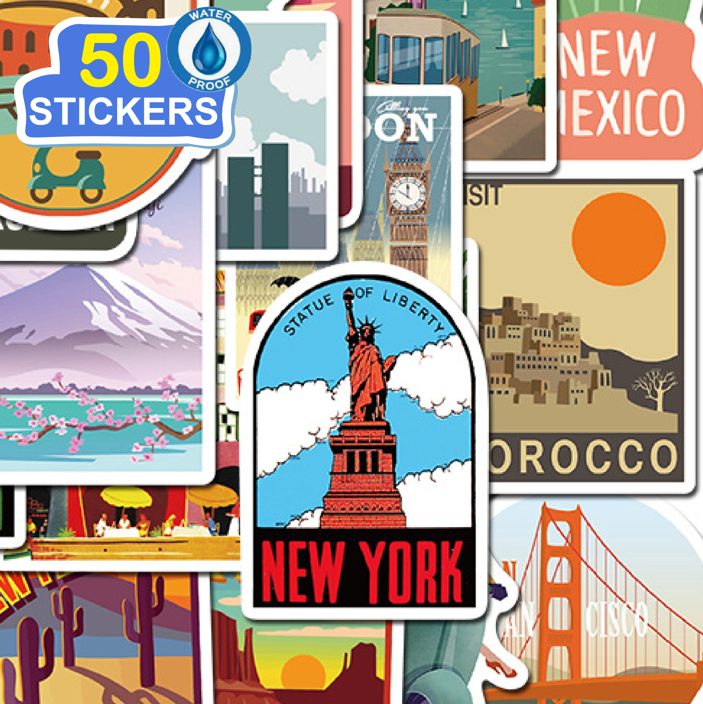 50 Stickers Vintage Travel Label trang trí laptop, điện thoại, ipad, cốc nước, sổ tay, vali du lịch, scooter, ván trược - Chống thấm nước - FiDi