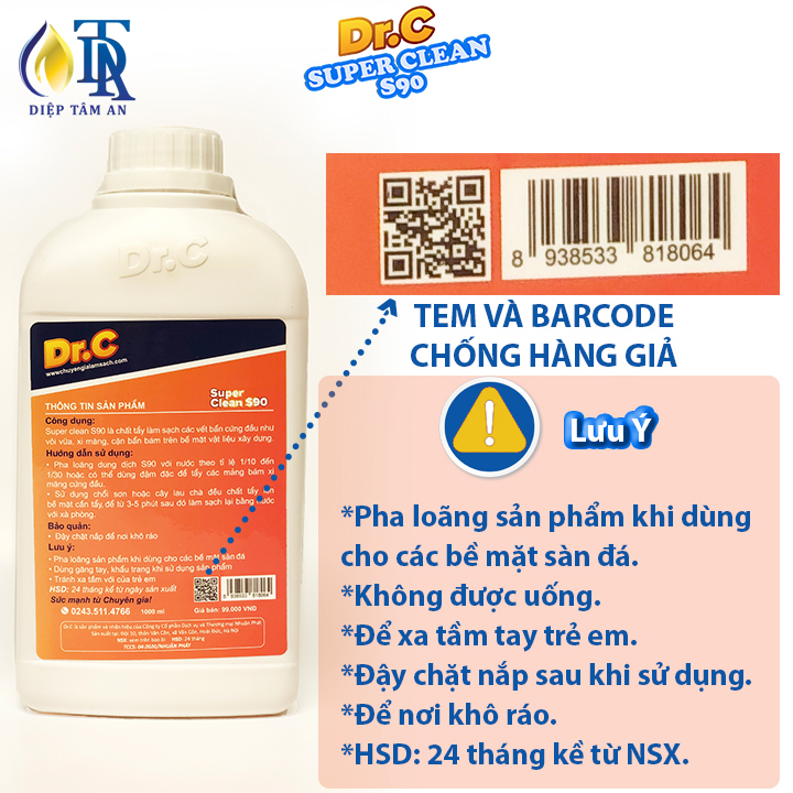 Nước Tẩy Sàn Nhà, Tẩy Sàn Xi Măng, Thiết Bị Men Sứ, Rêu Mốc, Vôi Vữa, Tẩy Phèn Trên Bề Mặt Sàn Gạch Dr.C S90 1 Lít