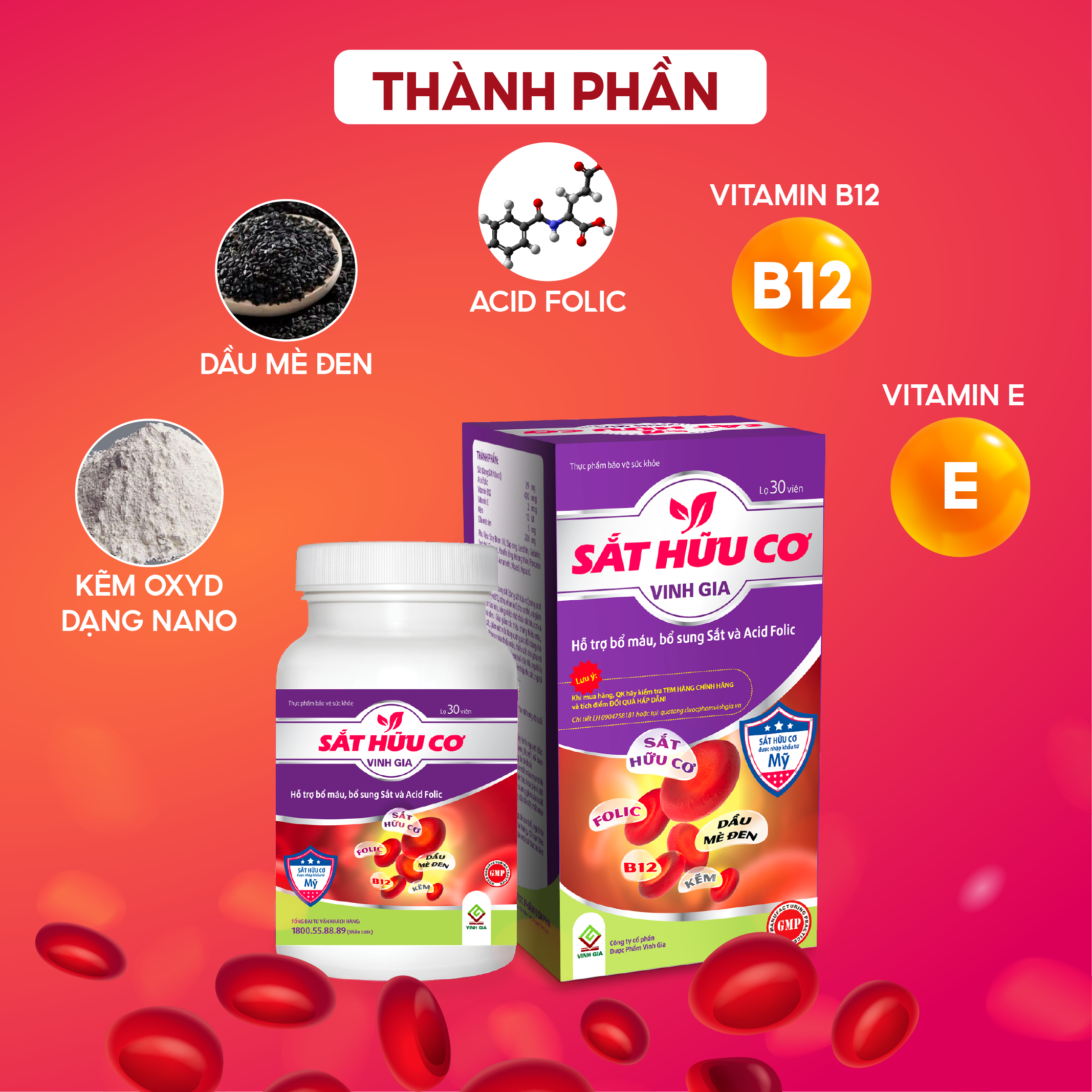 Viên Uống Bổ Sung Sắt Dạng Hữu Cơ VINH GIA Giảm Tình Trạng Thiếu Máu Lên Não, Hoa Mắt, Da Xanh Xao Hộp 30 Viên