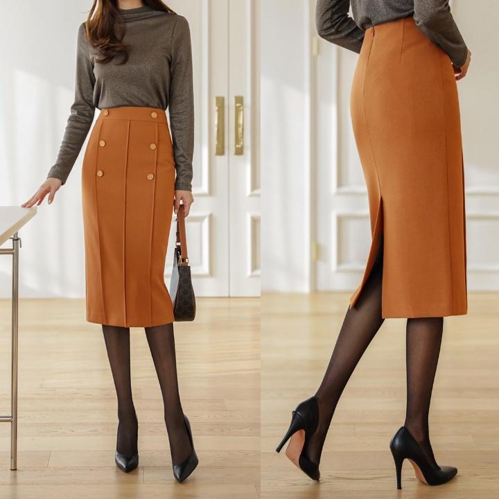 Chân Váy Công Sở New Design Thiết Kê Dáng Váy Xếp Ly Dài Qua Gối Ôm Body , Phối Nút Kiểu Mới, Vải Tốt Co Giãn CV0073