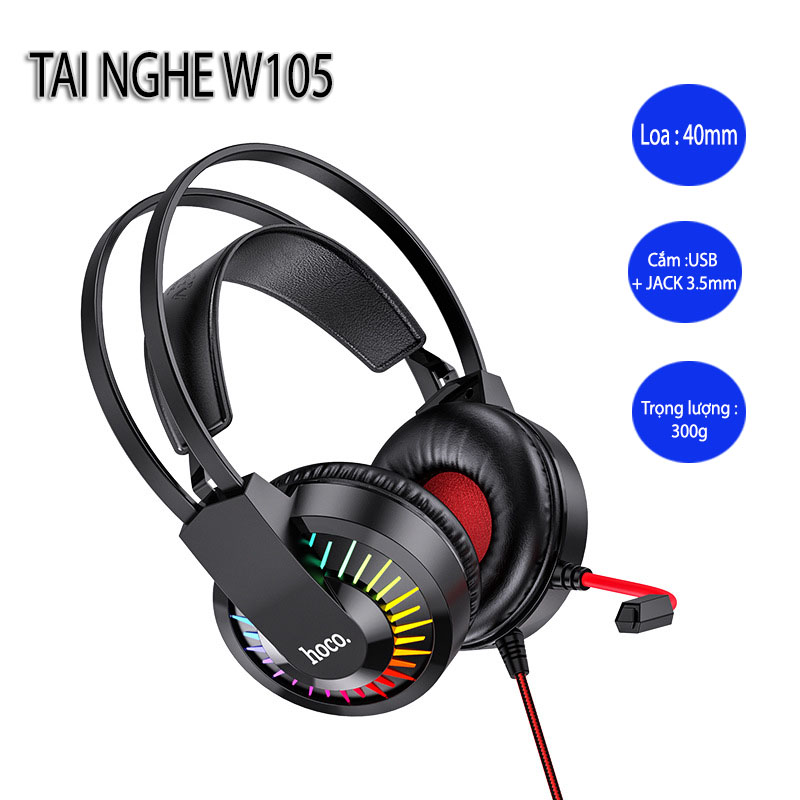 Tai nghe Gaming Hoco W105 - Đèn LED Đổi Màu - Mic Đàm Thoại - Sử Dụng Cho Laptop-PC - Hàng chính hãng