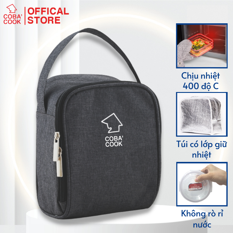 Túi đựng hộp cơm hình vuông logo COBA'COOK- 3 hộp dung tích 370 ml. Giấy bạc giữ nhiệt và 2 khóa kéo tiện dụng-CBS