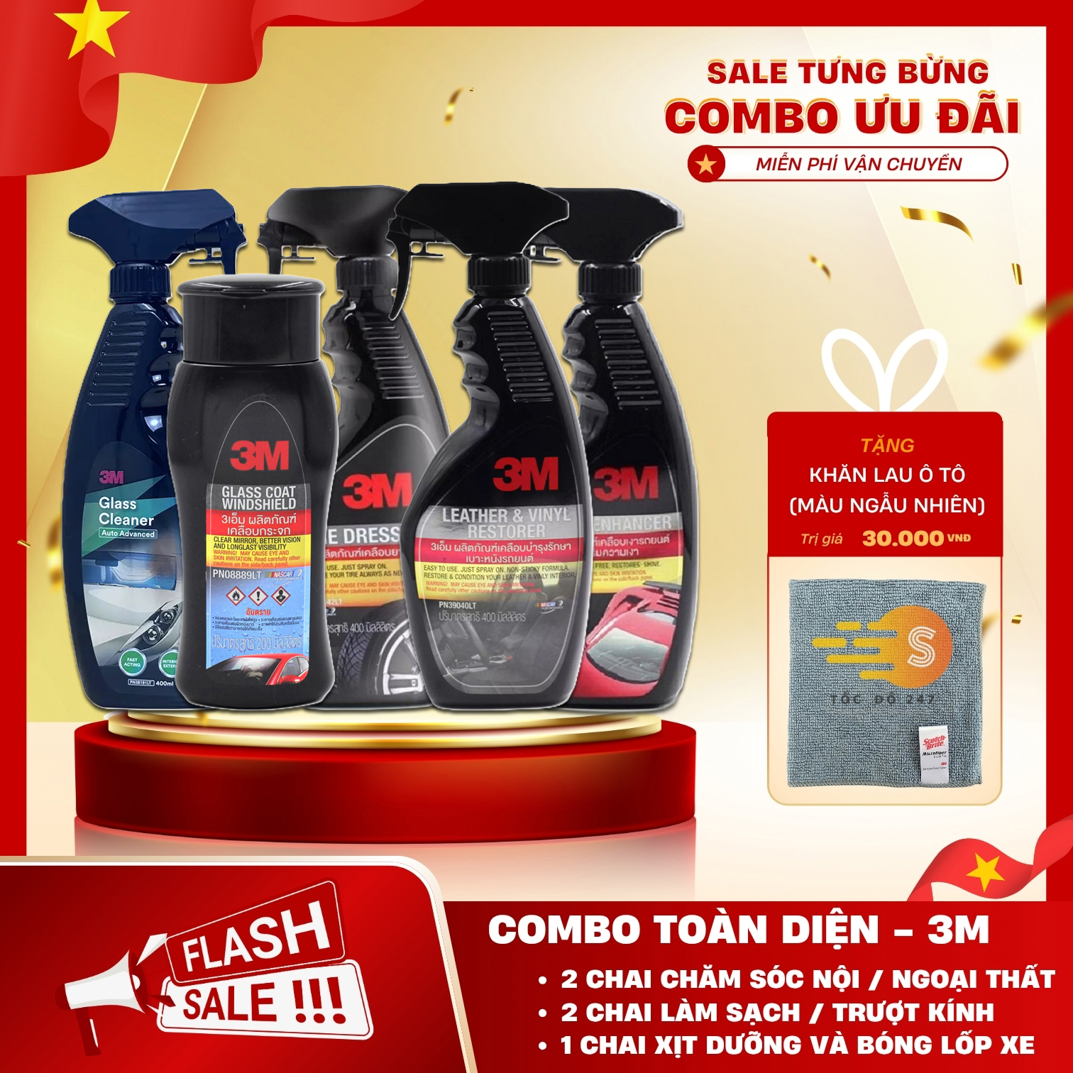 Bộ 5 món chăm sóc xe toàn diện gồm chống bám nước, rửa kính, đánh bóng sơn, vệ sinh da nội thất, lốp xe 3M 3M-CBTDM - tặng khăn lau ô tô chuyên dụng