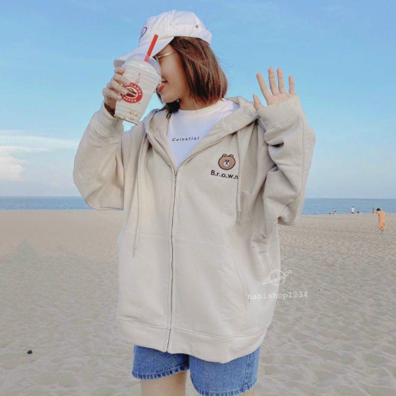 Áo Khoác Unisex Nỉ Bông Thêu Gấu Brown Nam nữ RẺ ĐẸP Áo Hoodie Kiểu Thun Tay Dài Rộng Chống Nắng Couple Jackets