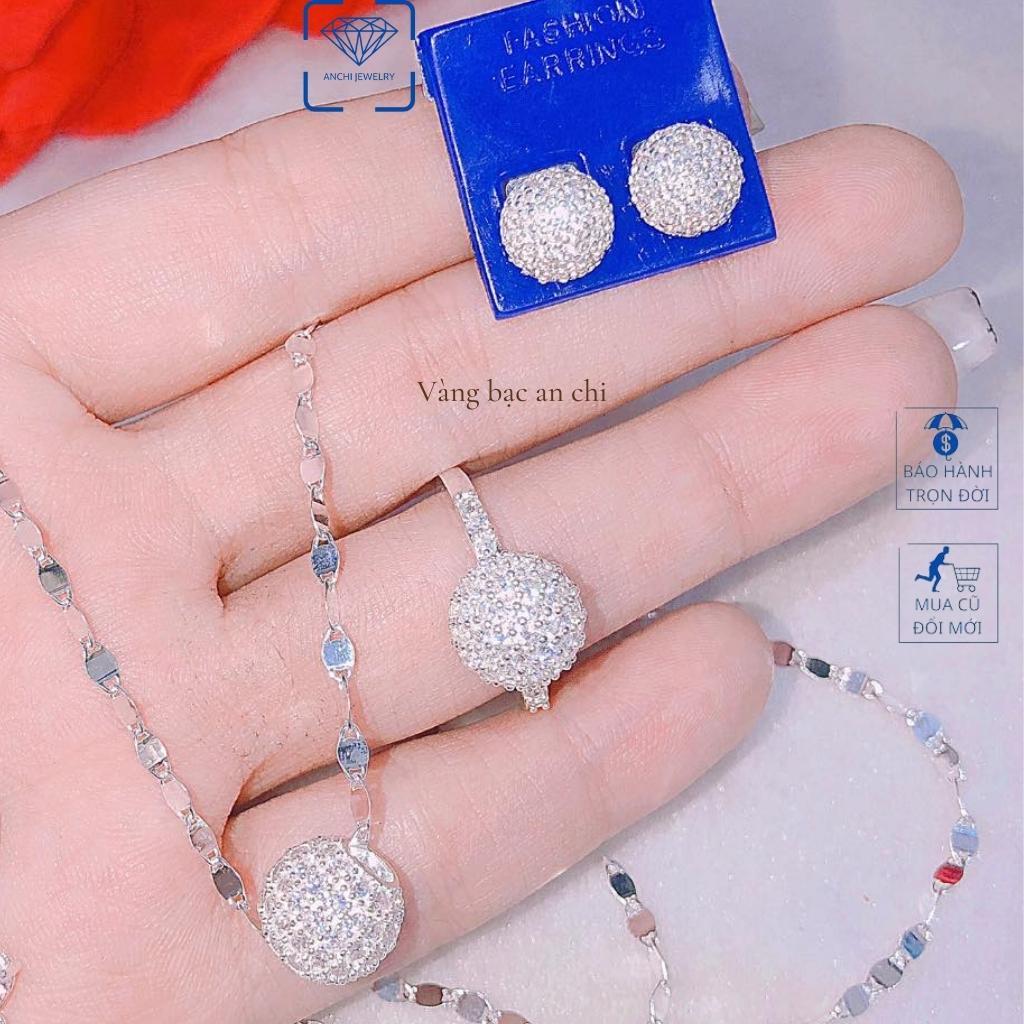 Bộ trang sức nữ bạc đính đá hình cầu gồm vòng cổ - nhẫn - bông tai, trang sức bạc Anchi jewelry