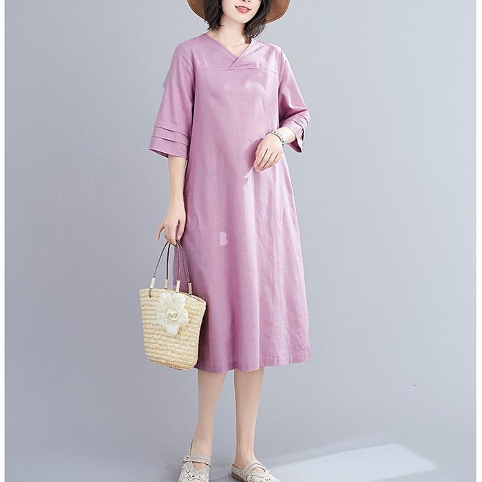 Đầm suông linen cổ tim chồng tay lỡ, thời trang hè thu - Tím nhạt