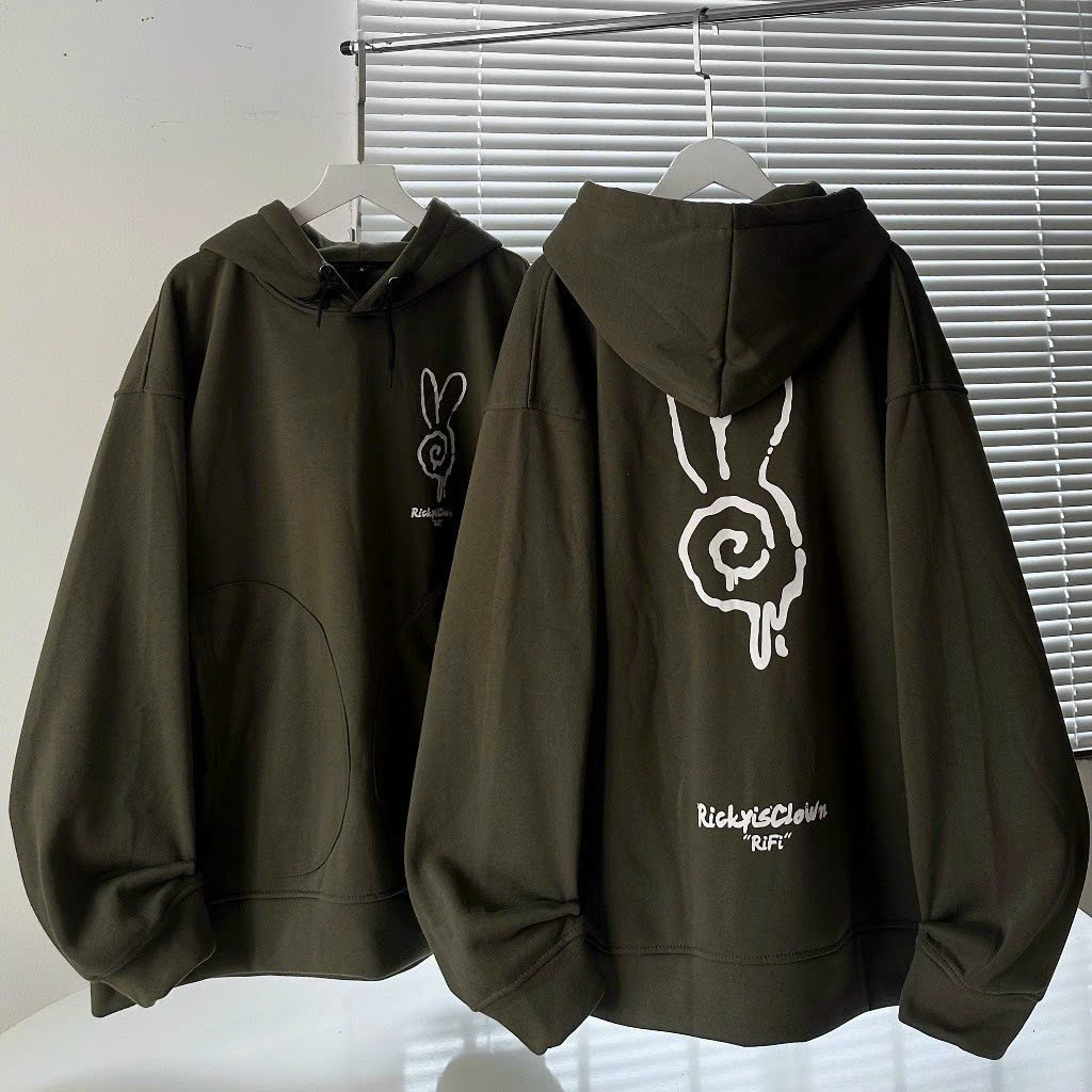 Áo Hoodie Thỏ RIFI Phối Túi Form Rộng Màu Rêu Unisex, Áo Khoác Hoodie Oversize Ulzzang Dáng Rộng chống nắng nón to