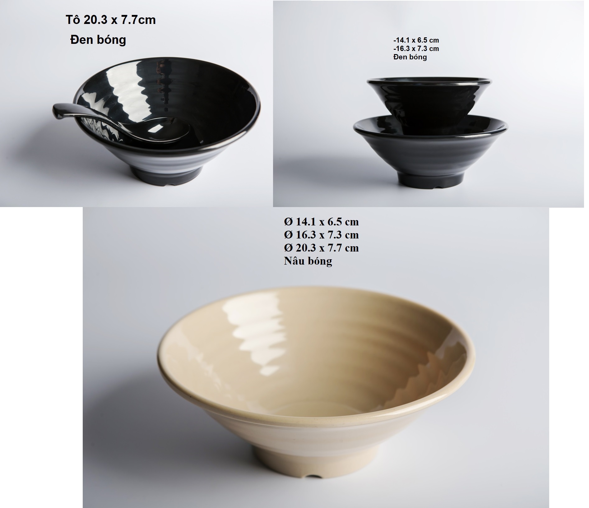 Tô xoắn nhựa Melamine màu đen/nâu đựng chè,bún,phở nhiều Size