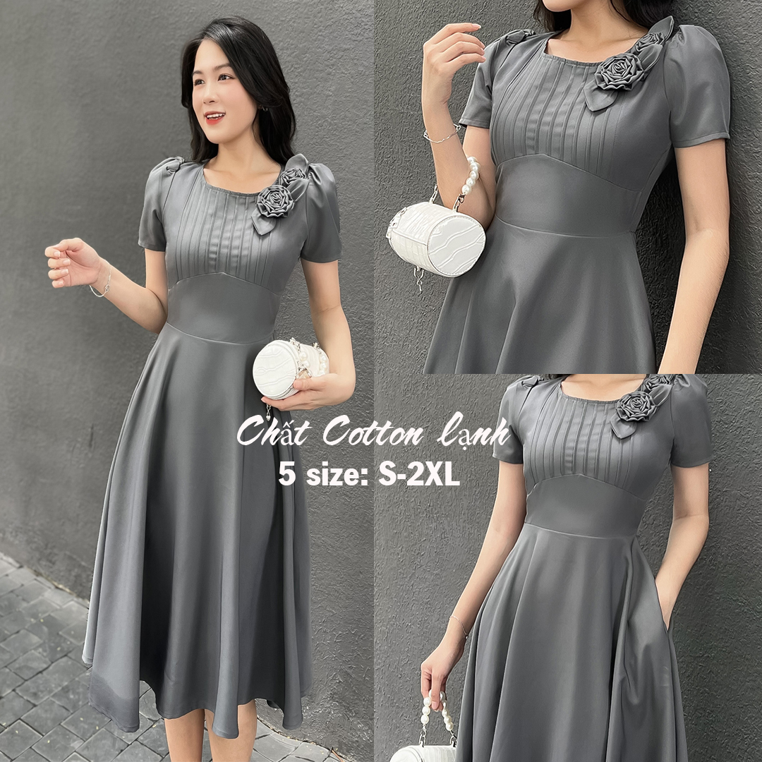 Đầm xòe xếp li ngực kết hoa vải D075 -Lady Fashion - Khánh Linh Style