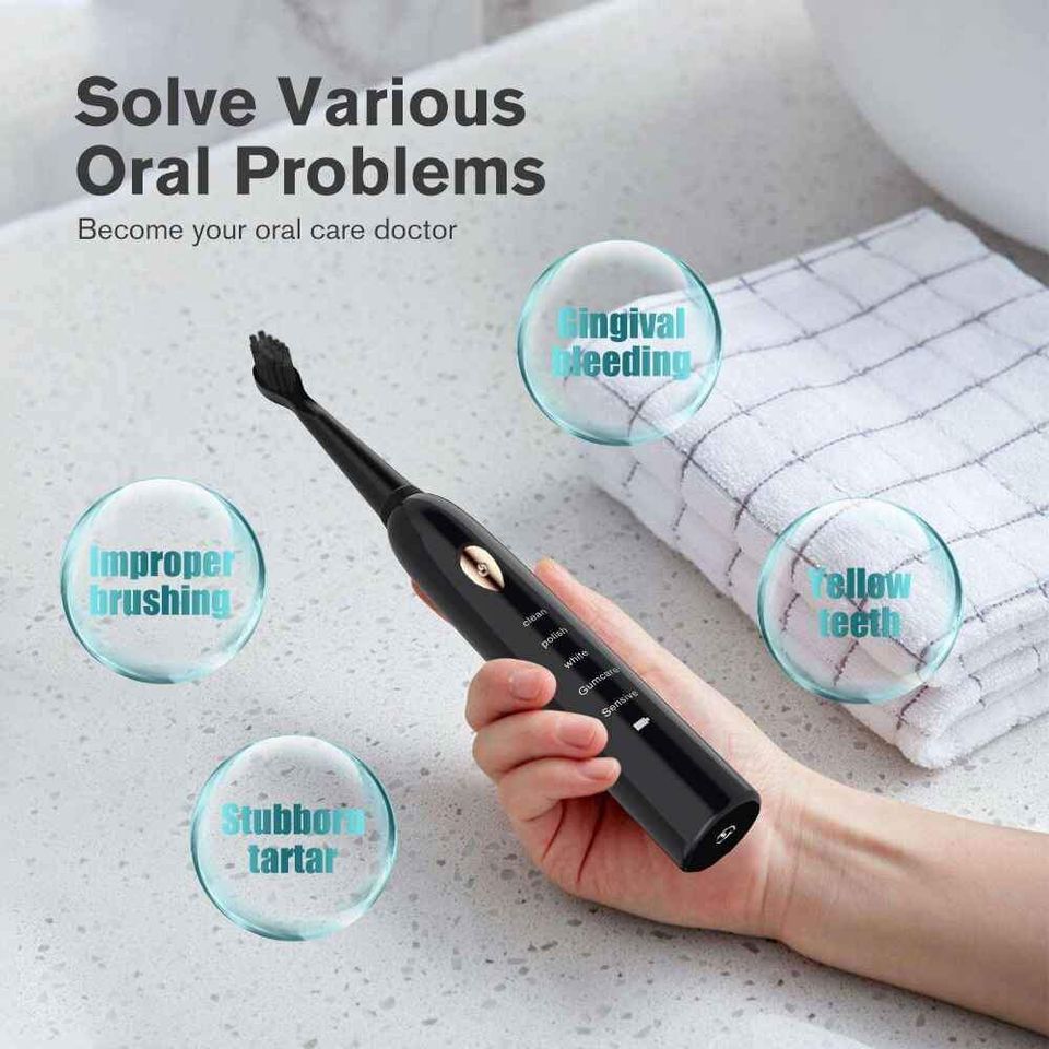 Bàn chảy đánh răng điện, dụng cụ vệ sinh chăm sóc răng miệng bằng điện chính hãng Electric Toothbrush , Tự động 5 Chế Độ Công Nghệ Sóng Âm, Kèm 4 đầu Bàn chải