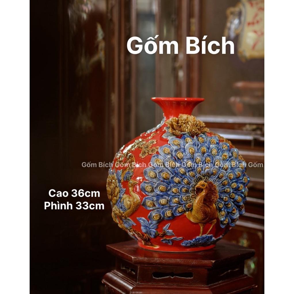 Bình Hút Lộc Cao 36cm Công Đào Đuôi Xòe Phú Quý Vinh Hoa Men Màu Bình Phong Thủy Tài Lộc Gốm Sứ Bát Tràng