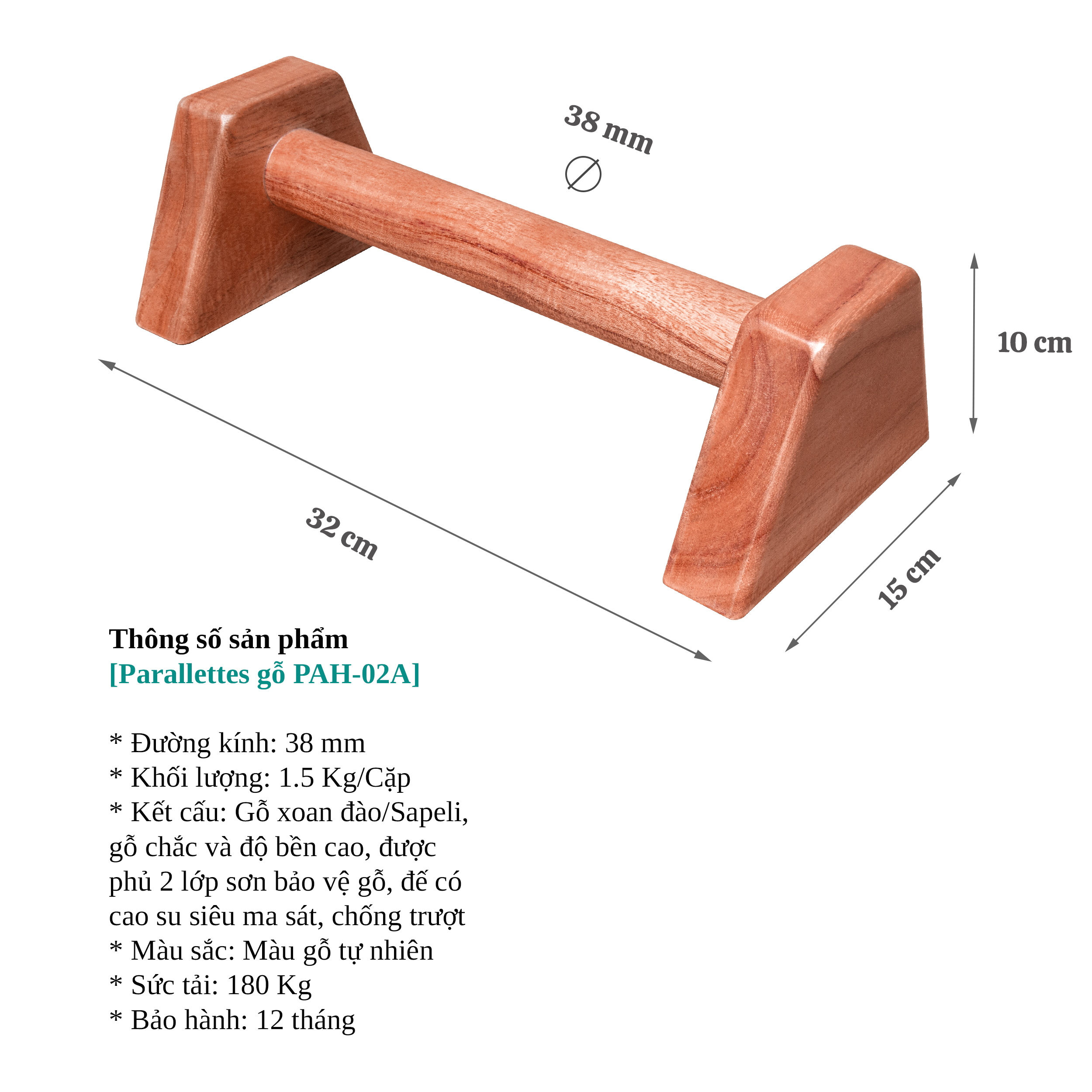 Dụng cụ chống đẩy, hít đất bằng gỗ, Parallettes gỗ hỗ trợ tập Handstand, Pocorrys PAH-02A, Màu gỗ tự nhiên