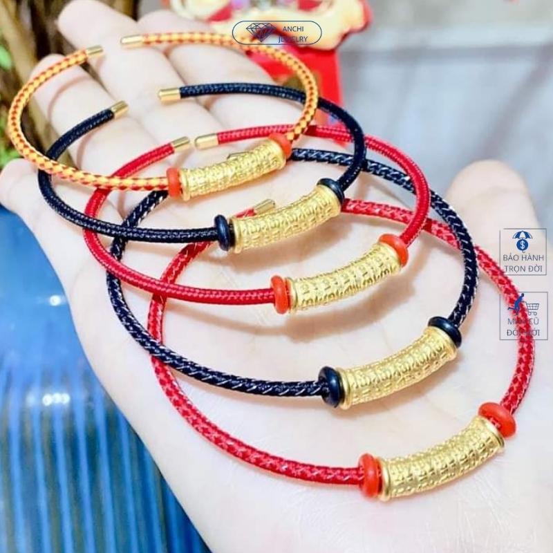 Vòng tay dây cước 2mm charm trụ vàng khắc chú bình an 24k, Anchi jewelry