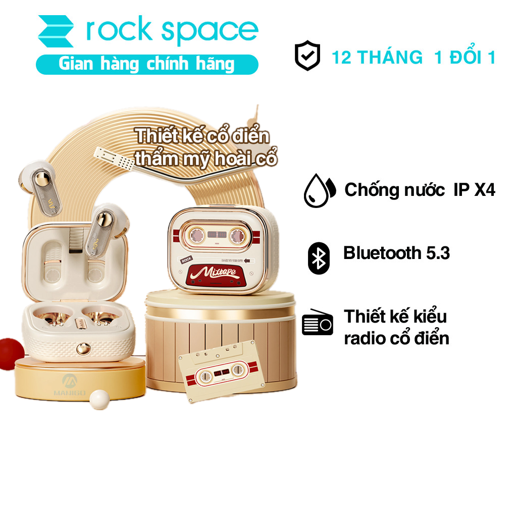 Tai nghe Bluetooth nhét tai không dây TWS Rockspace Retro Mix Tape nghe nhạc lên đến 20h Hàng chính hãng có bảo hành