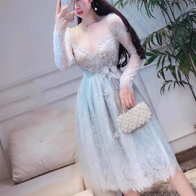 Đầm xoè công chúa phối ren mi tay dài SIÊU XINH - MS129V - Size M/L đến 57kgMM MM