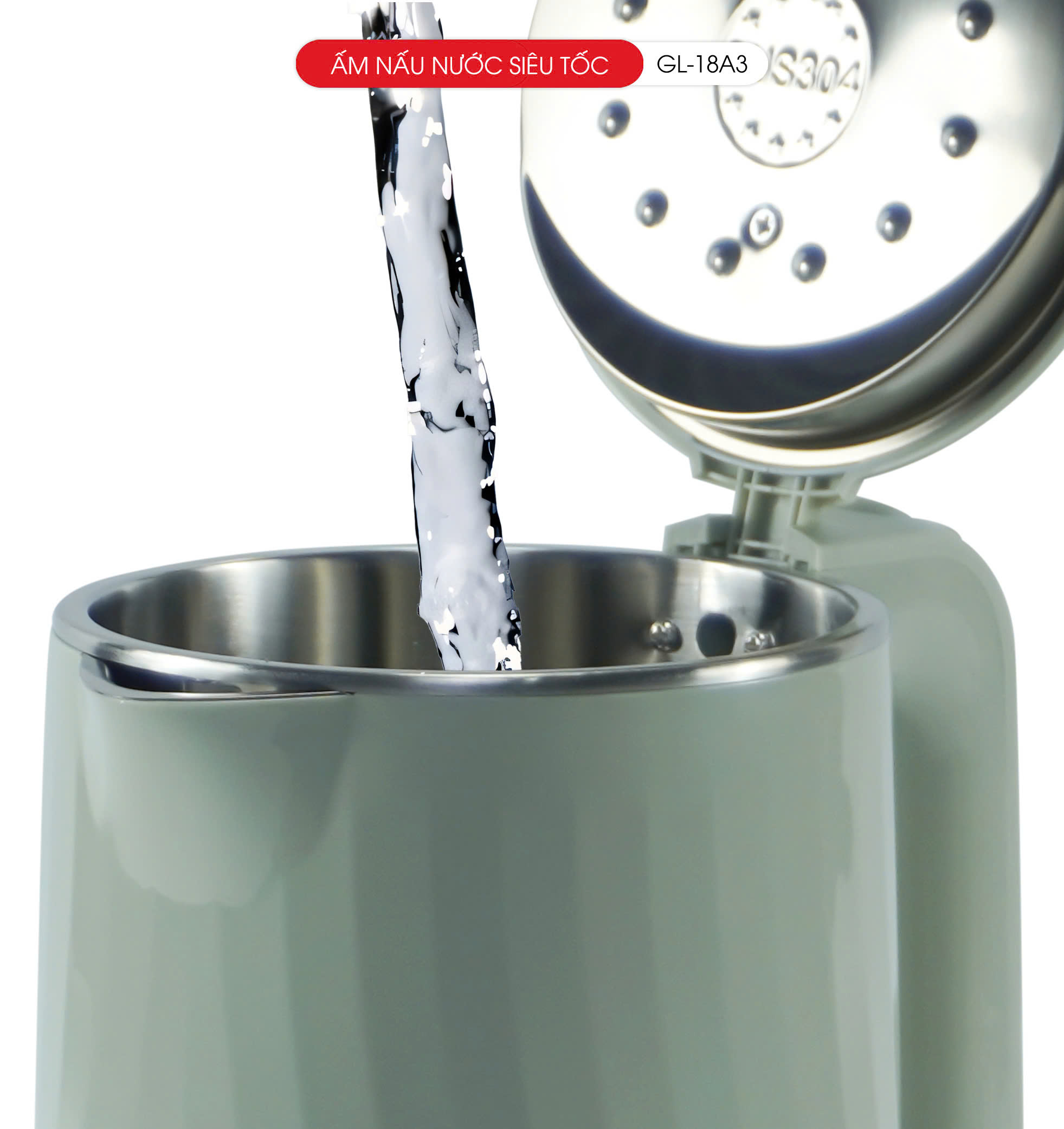 Ấm siêu tốc Gali GL-18A3 1.8L. Thiết kế 2 lớp cách nhiệt, Inox 304. Hàng chính hãng, bảo hành 24 tháng