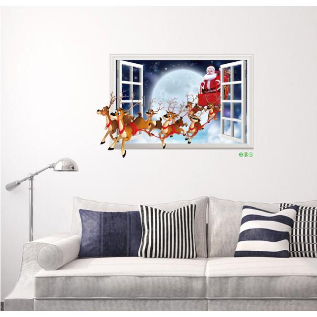 Decal trang trí Noel - Cửa Sổ Tuần Lộc chở Ông già Noel đi phát quà