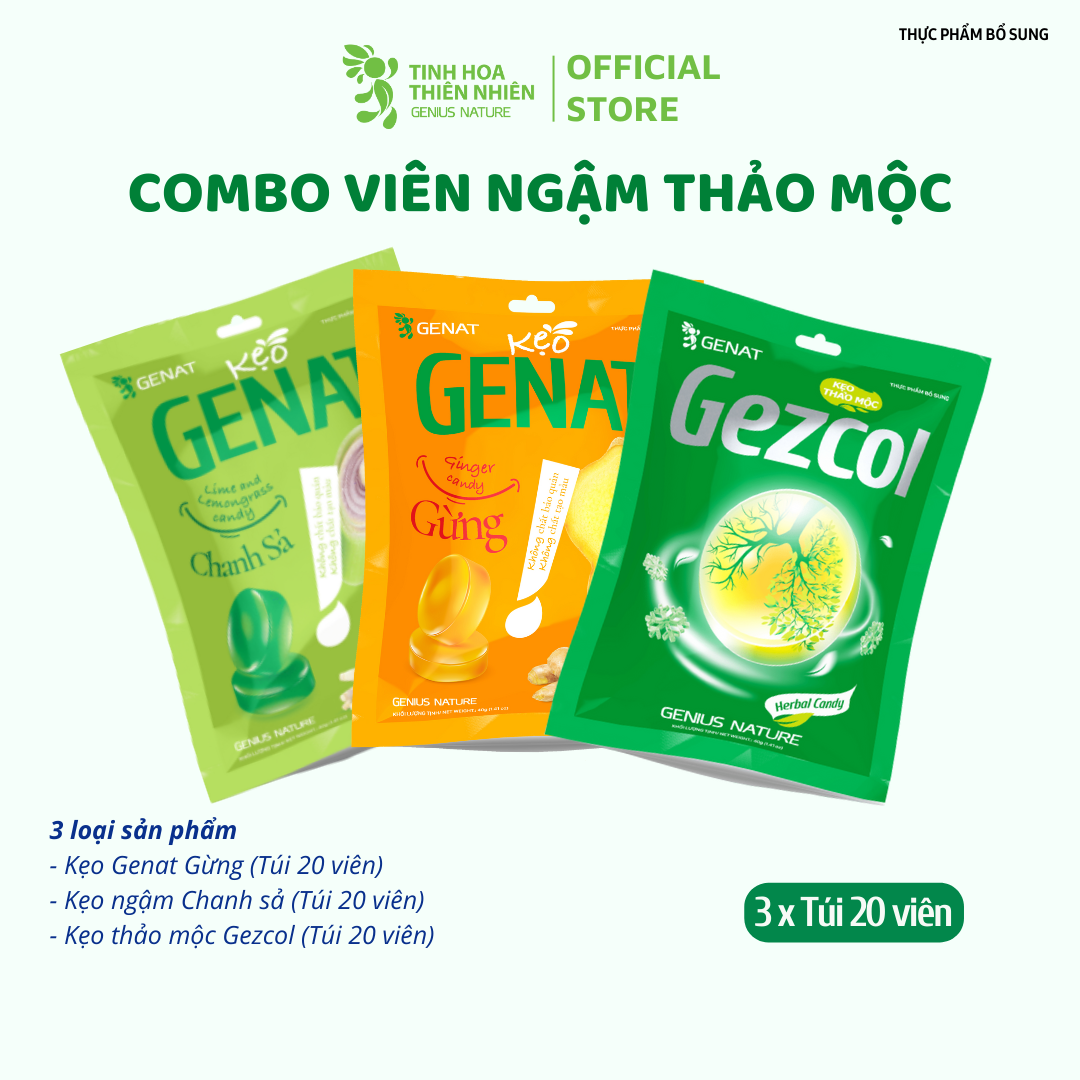 Combo 3 túi 20 viên - Kẹo thảo mộc Gezcol - Kẹo Genat Gừng - Kẹo ngậm Chanh sả - Genat - Tinh hoa thiên nhiên