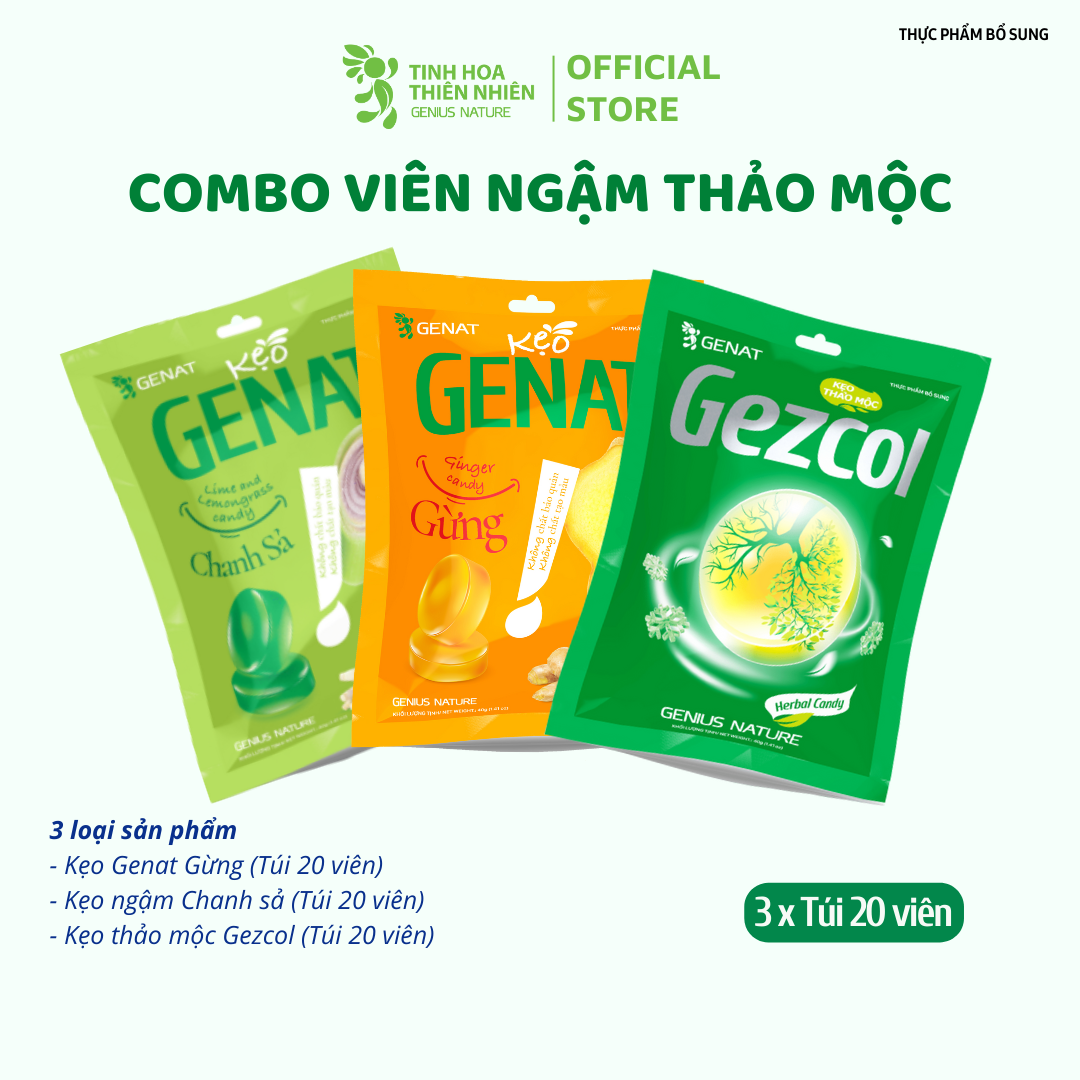 Combo 3 túi 20 viên - Kẹo thảo mộc Gezcol - Genat Chanh Sả - Genat Gừng - Giao 2H HCM