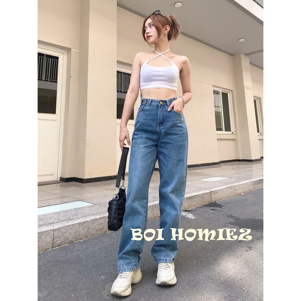 Quần Jeans nữ ống rộng Simple Jeans lưng cao dáng suông cao cấp, unisex ( MÀU ĐẬM )