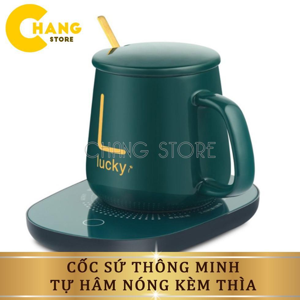 Cốc hâm nóng cao cấp bằng sứ kèm đế điện, Ly sứ kèm đế điện hâm nóng cafe, sữa, trà Tặng kèm thìa mạ vàng tiện lợi