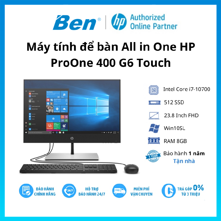 Máy tính để bàn All in One HP ProOne 400 G6 Touch (230T1PA)/ Intel Core i7-10700 (2.9GHz, 16MB)/ Ram 8GB DDR4/ SSD 512GB - Hàng Chính Hãng
