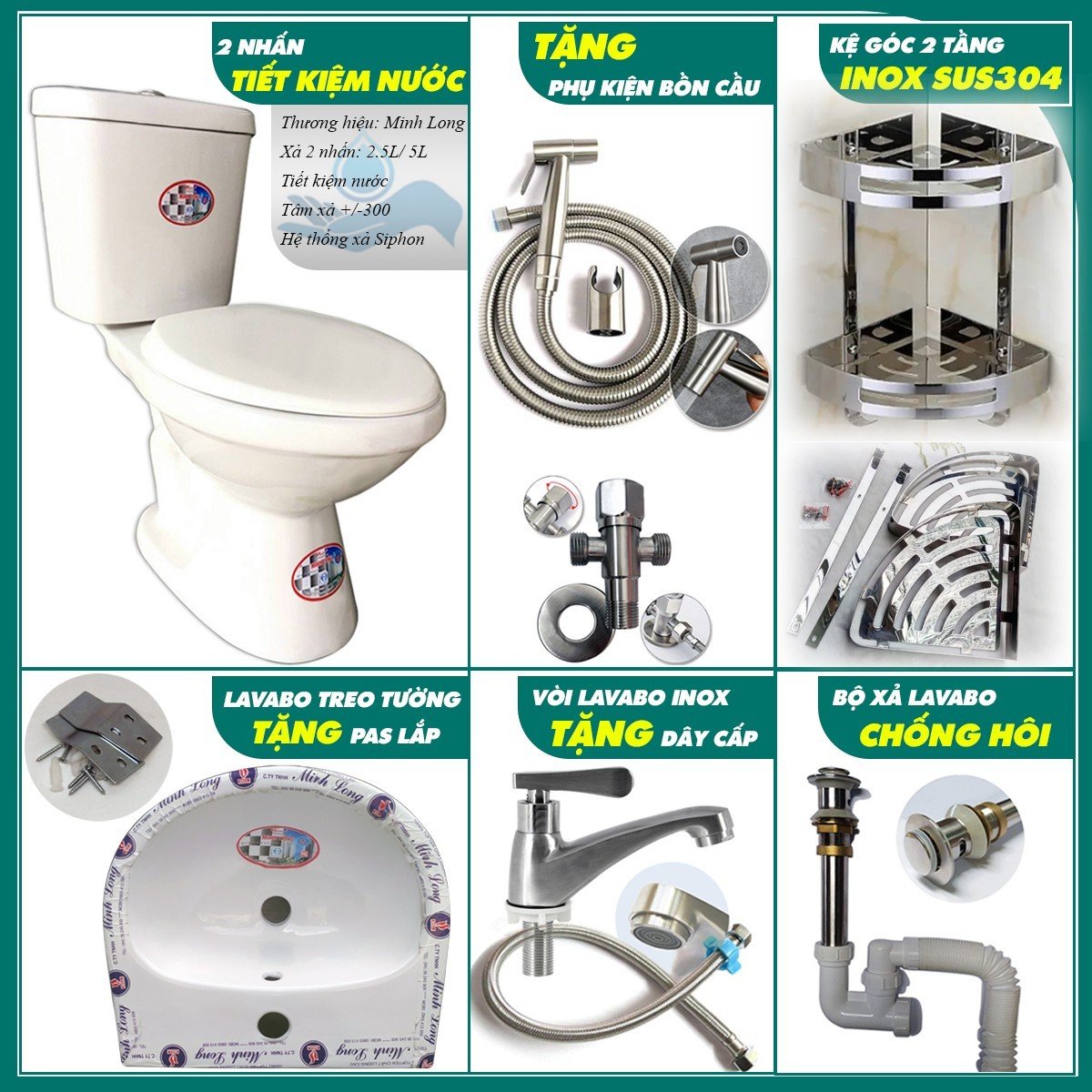 Combo Thiết Bị Nhà Tắm GRMT06: Bồn Cầu 2 Khối-Vòi Xịt Vệ Sinh-Lavabo Treo Tường-Vòi Nước Lạnh-Kệ Góc 2 Tầng-Bộ Xả Chống Hôi