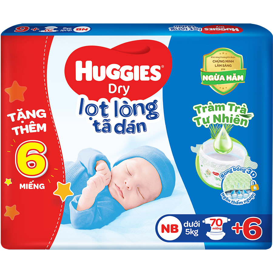 Tã dán sơ sinh Huggies Tràm Trà Tự Nhiên NB70 (dưới 5kg) - Gói 70 miếng + Tặng 6 miếng