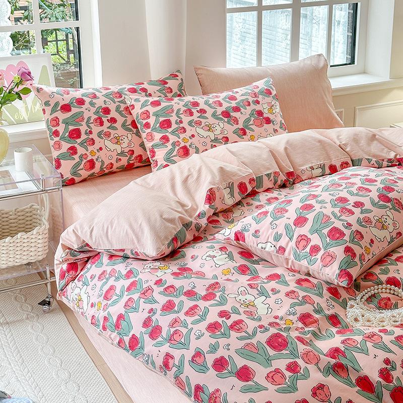 Phong cách mới nhất ins phong cách 100 cotton nguyên chất giường bốn mảnh bộ lưới hoa nhỏ màu đỏ nhỏ tươi phong cách mục vụ chăn ga trải giường ga trải giường được trang bị