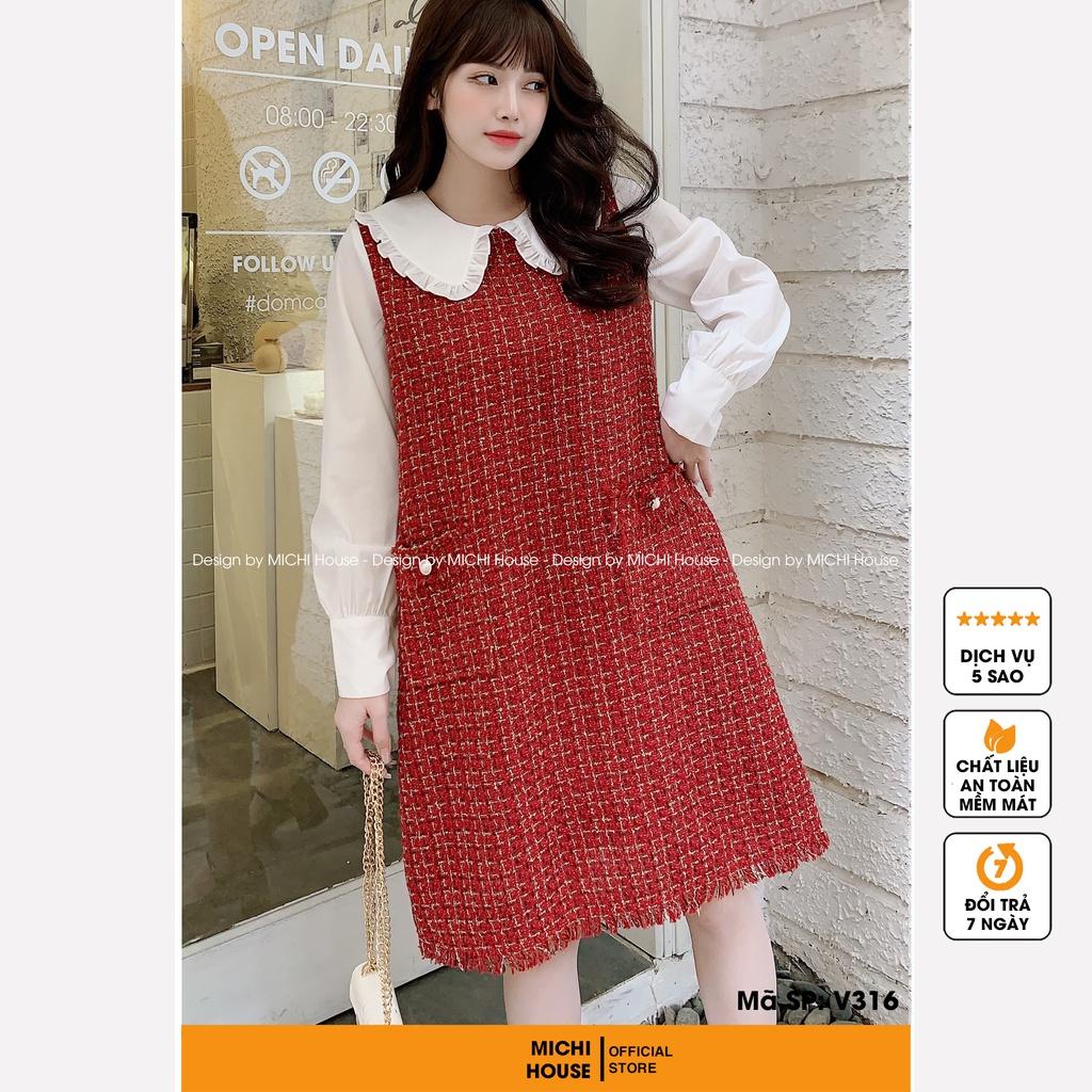 Đầm Suông Đỏ Cổ Tay Trắng Dáng Xuông Rộng Xinh MICHI House V316 Đầm Dạ Tweed Thu Đông Thiết kế Xuông Rộng Mặc Bầu Xinh