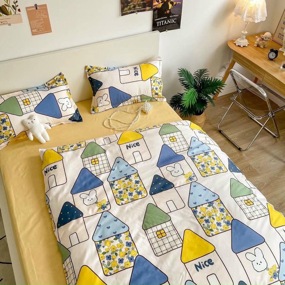 Bộ chăn ga gối Cotton Poly M2T bedding ngôi nhà nhỏ, vỏ chăn mền, drap giường và 2 vỏ gối