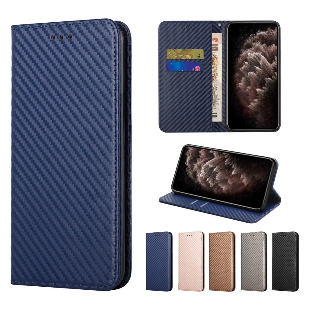 Bao da điện thoại kiểu ví thẻ gập sợi carbon cho Samsung Galaxy S21+/U/FE 5G S20/Ultra/FE S10+ S10e
