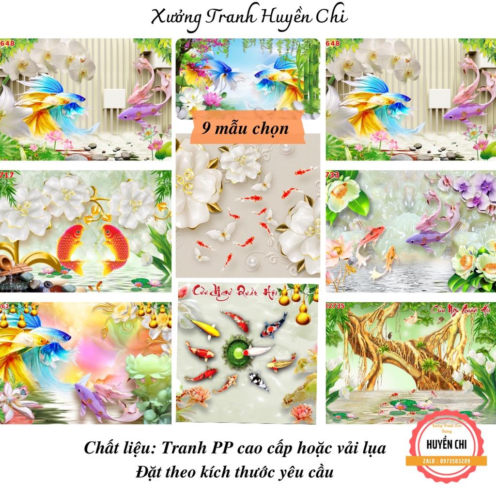 Tranh dán tường 3d trang trí phòng khách, tranh dán Cửu Ngư Hoa Sen, tranh Cá- Huyền Chi-Đặt theo kích thước yêu cầu