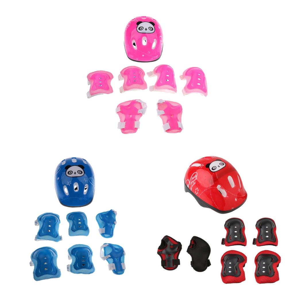 7 Pcs Kids Roller Skating Bicycle Helmet Knee Wrist Elbow Pad Pink