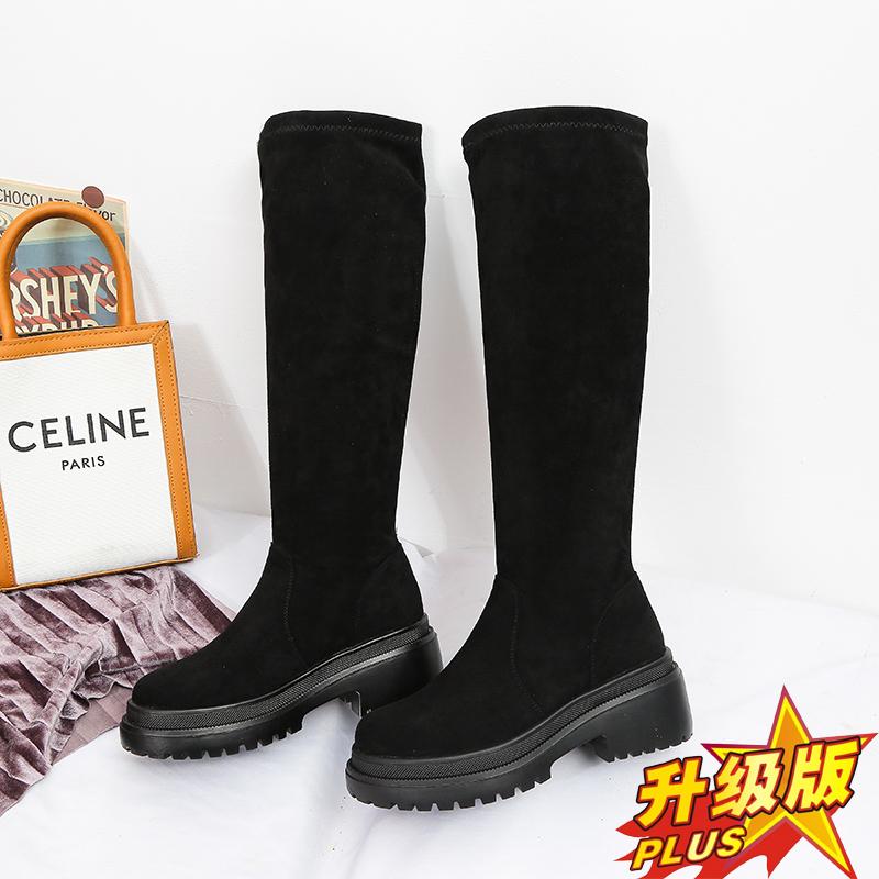 Giày Nữ Mùa Đông 2021 Gợi Cảm Đầu Gối Giày Chặt Stovepipe Hiệp Sĩ Giày Da Lộn Mũi Tròn Chiến Đấu Xu Hướng Nhung Ấm Nữ giày Tăng
