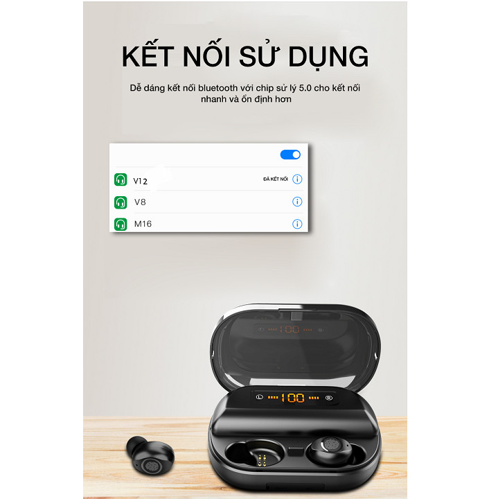 Tai Nghe Bluetooth 5.0 True Wireless Vinetteam V12 Điều Khiển Cảm Ứng Hỗ Trợ Nghe Đơn Hoặc Đôi 2 Bên Tai Với Micro HD Chống Ồn Dock Sạc 4000mAh Kiêm Sạc Dự Phòng – Hàng Chính Hãng