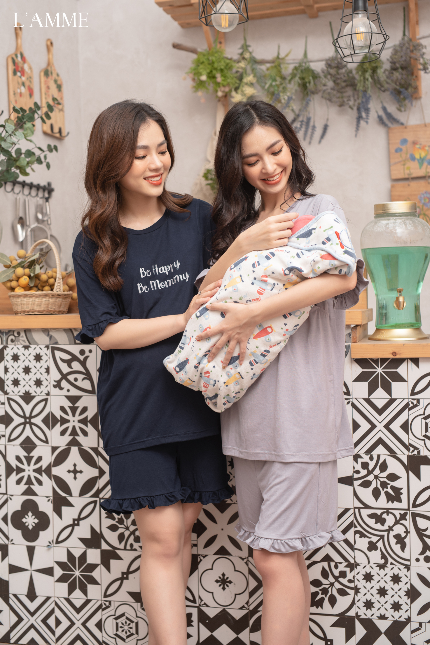 Bộ bầu sau sinh (B03) chất cotton thấm hút mồ hôi tốt, có chỗ cho em bé tuti, quần có chun điều chỉnh - thiết kế bởi LAMME