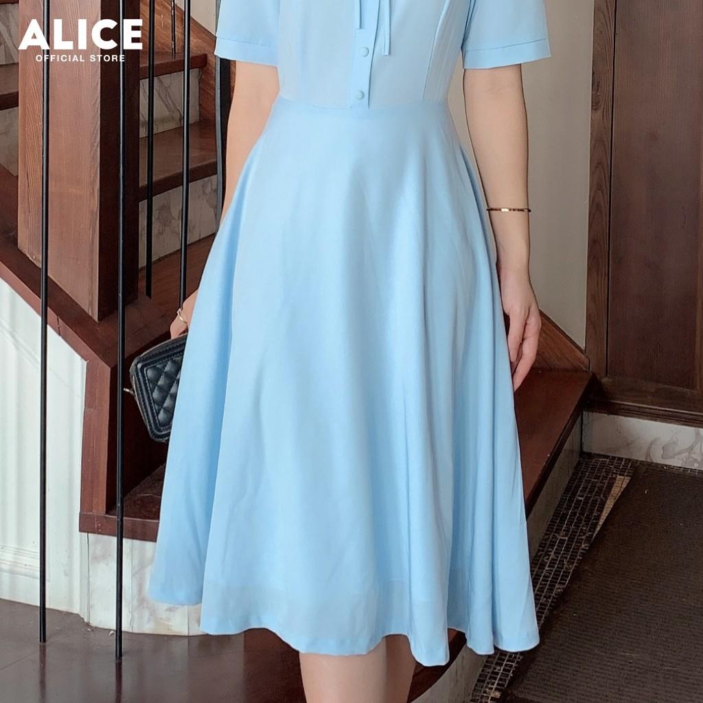 Váy Nữ Công Sở Dẹp ALICE Thiết Kế Dáng Xòe Tay Ngằn Bèo Vai Phối Nơ Ngực Cúc Bọc V274