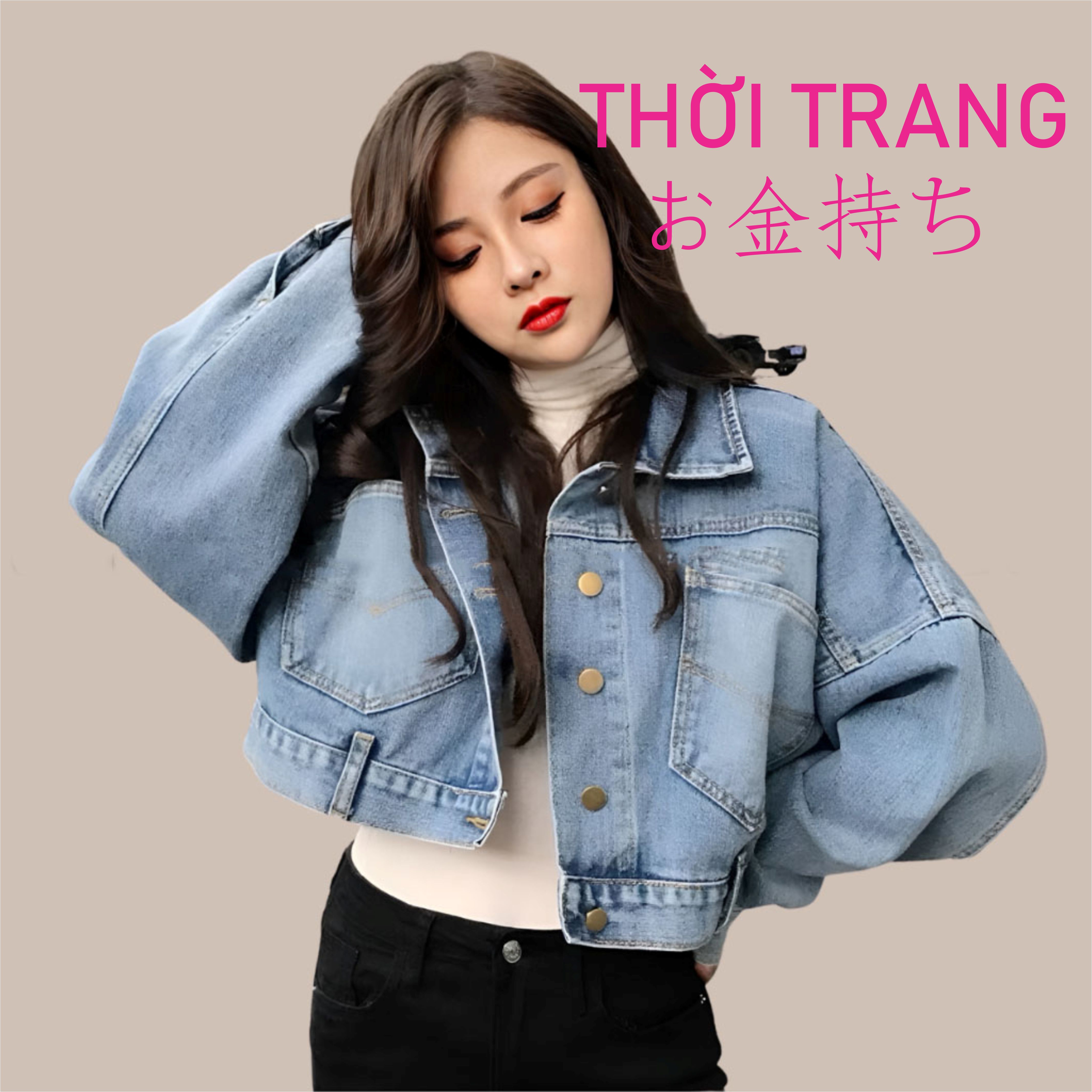 Áo jean nữ おかねもちsau có phối khuy kiểu dáng trơn dài tay dáng croptop