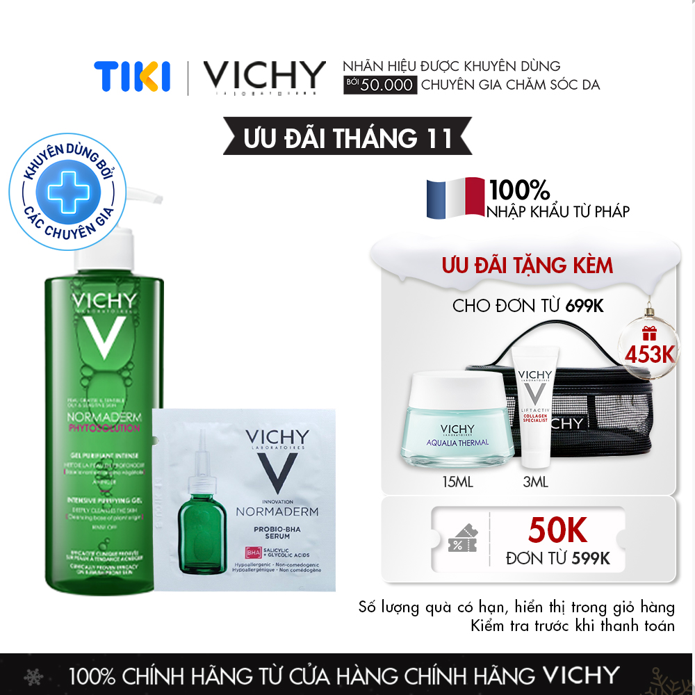 Bộ sản phẩm làm sạch sâu, hạn chế bã nhờn và giúp dịu da tức thì, đẩy lùi mụn rõ rệt Vichy Normaderm Phytosolution