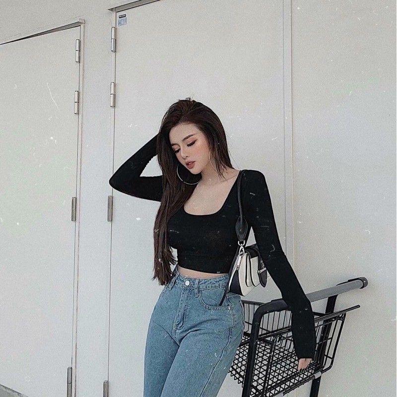 áo croptop cổ vuông tay dài